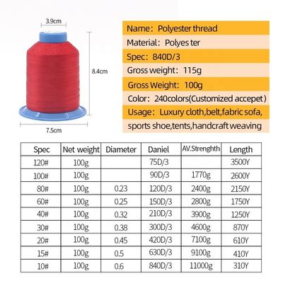 Tex70 80 90 Fil de couture en polyester haute résistance pour couture en cuir Diamètre 0,35 mm